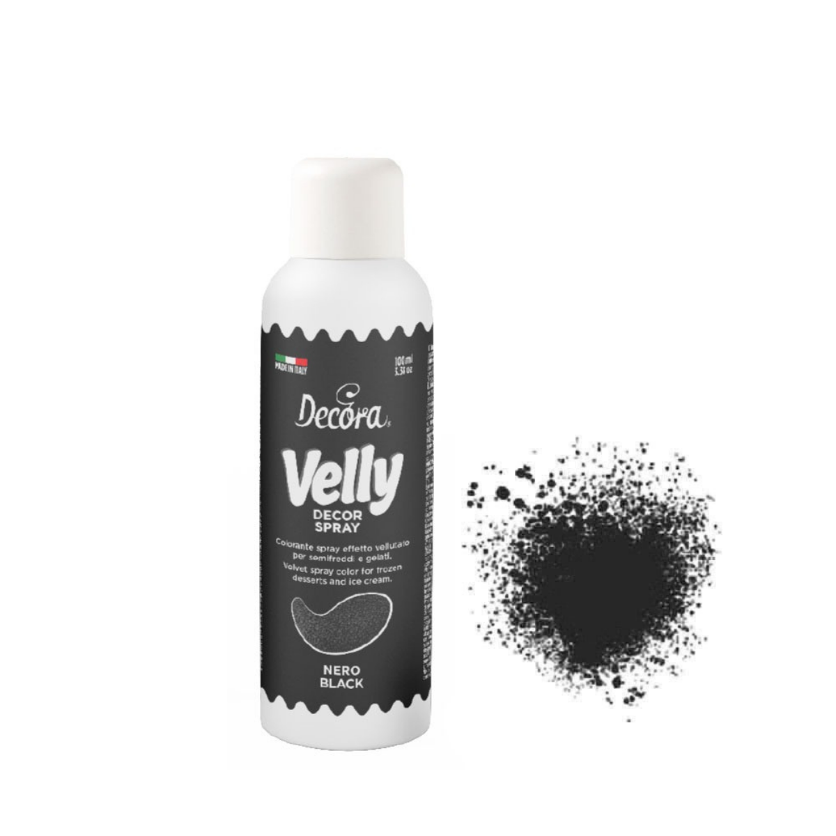 Velvet ätbar Spray Svart - Decora 100 ml- Sammetspray – ger dina desserter en lyxig, matt ytaEn dekorationsspray som skapar en sammetsmjuk effekt på tårtor, glass, semifreddo och andra frysta efterrätter. Spraya direkt på den kalla ytan för att få en stilren och modern look med djupa färgnyanser. Volym: 100 ml Färg: Svart Ingredienser:Vegetabiliskt fett (palmkärnolja, kokosolja), färgämnen: E170, E172; emulgeringsmedel: E322 (solros); drivgaser: E943a, E944, E943b. Genomsnittligt näringsvärde per 100 g prod